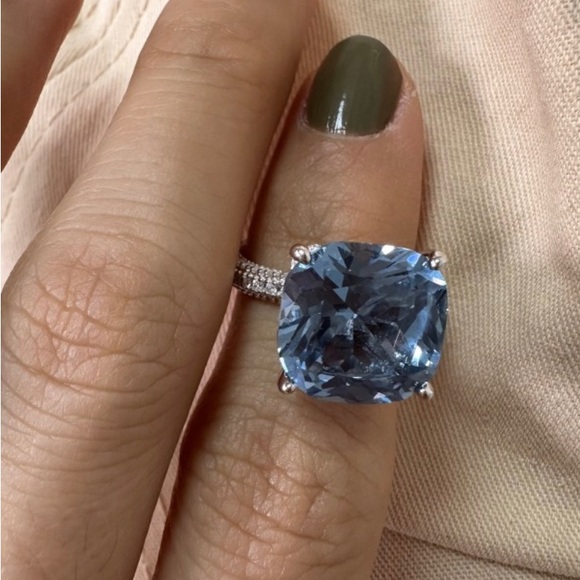 Italo Blue Topaz Ring Hidden Halo Cushion Cut Engagement Ring - Picture 7 of 11